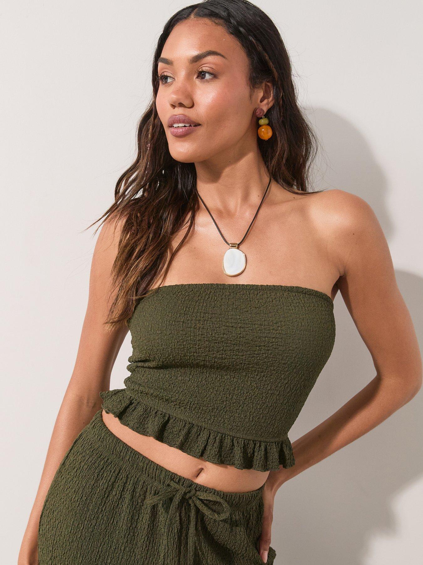 Image 1 of 7 of The Very Collection Crinkle Co Ord Bandeau Top - Khaki