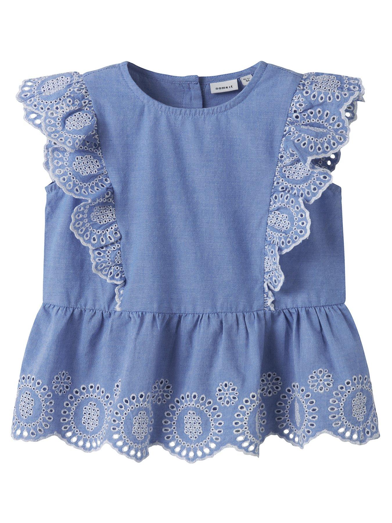 Name It Mini Girls Chambray Embroidered Co-ord Blouse - Blue