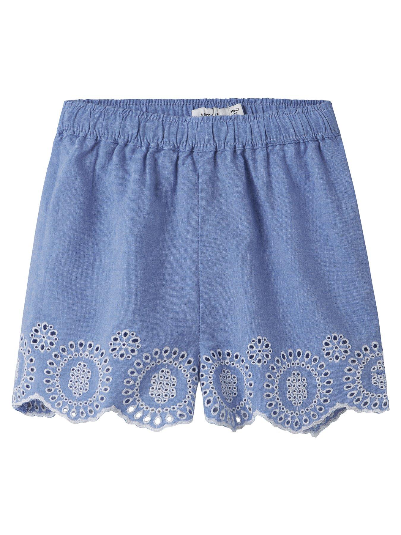 Name It Mini Girls Chambray Embroidered Co-ord Shorts - Blue