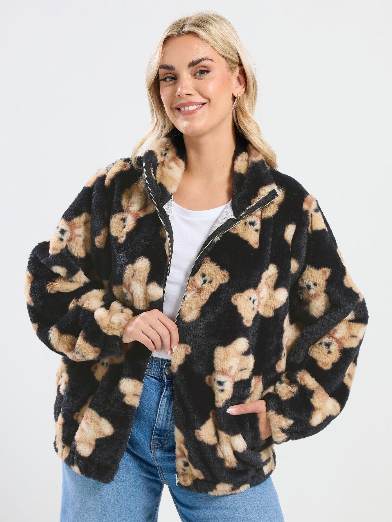 Yours Curve Faux Fur Funnel Neck Zip Thru Jacket - Black