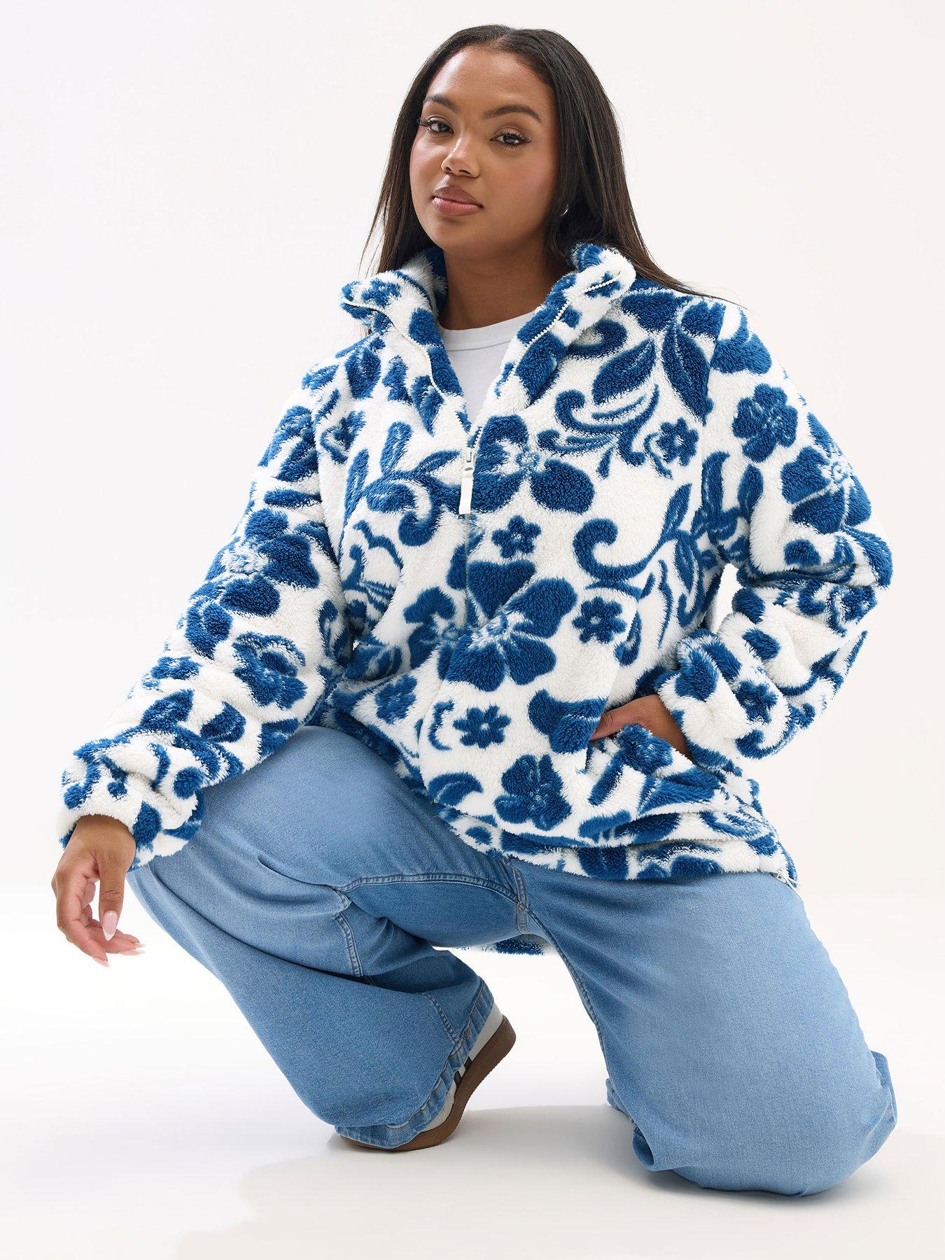 Image 1 of 4 of Yours Curve Floral Sherpa Borg Fleece - Blue