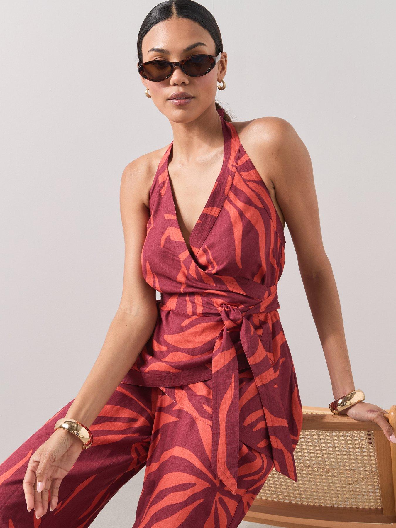 Image 1 of 7 of The Very Collection Zebra Halter Neck Co Ord Top - Red
