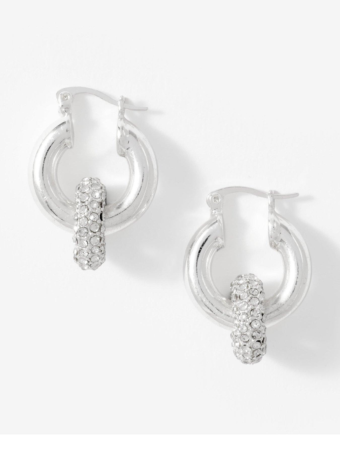 Mint Velvet Pave Hoop Earrings - Silver Tone