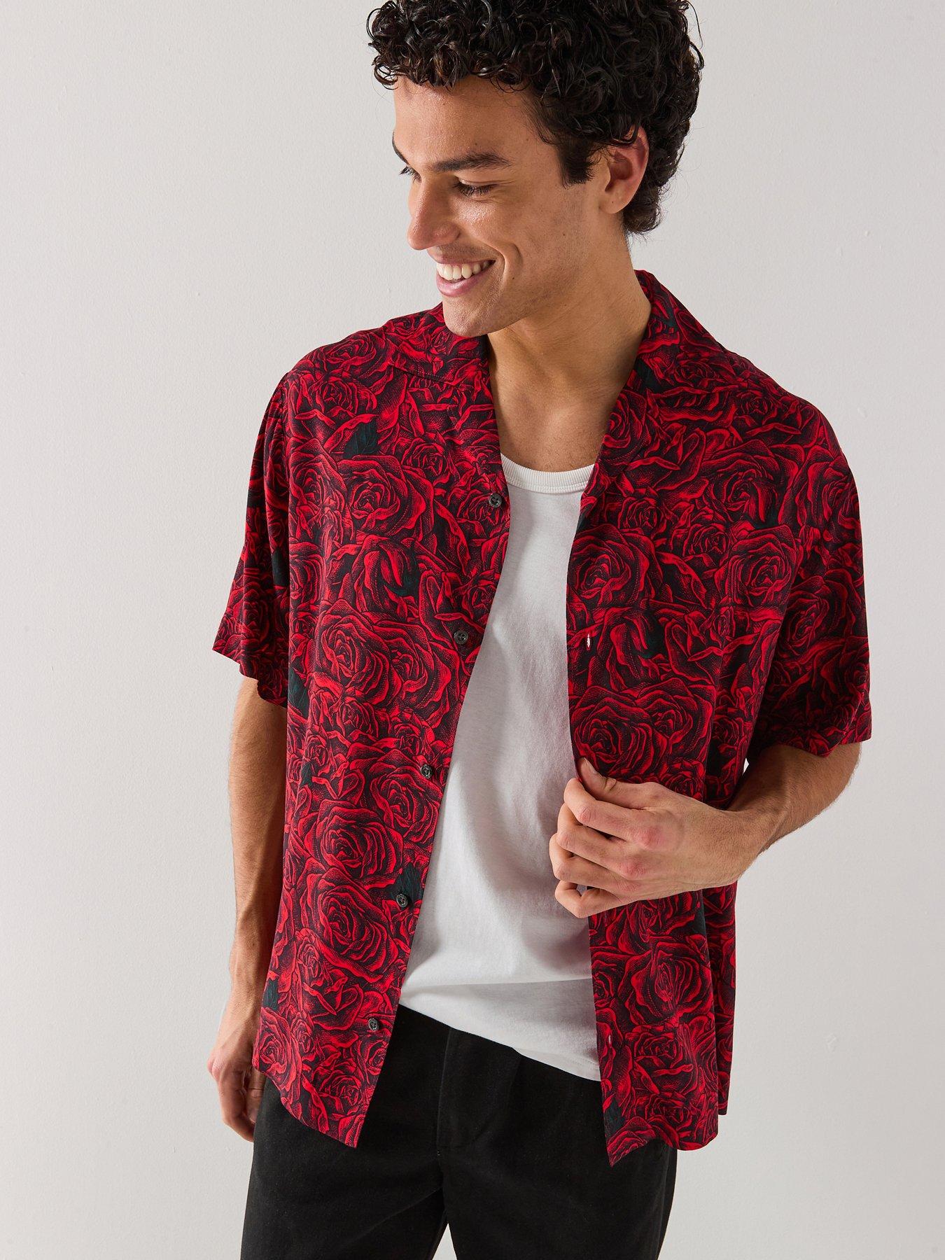 HUGO Espino Oversize Fit Rose Print Short Sleeve Shirt - Black/Red