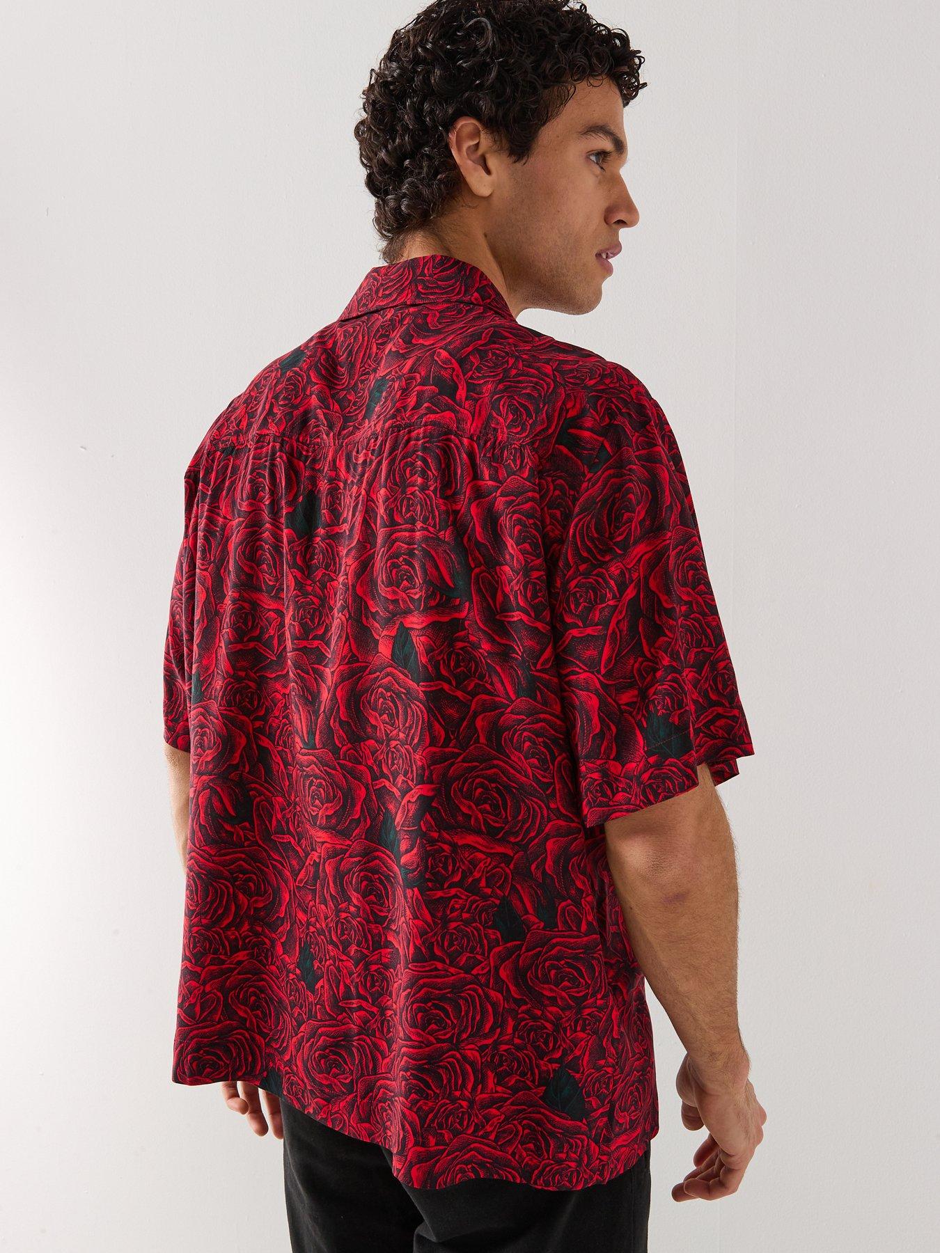 Image 2 of 4 of HUGO Espino Oversize Fit Rose Print Short Sleeve Shirt - Black/Red