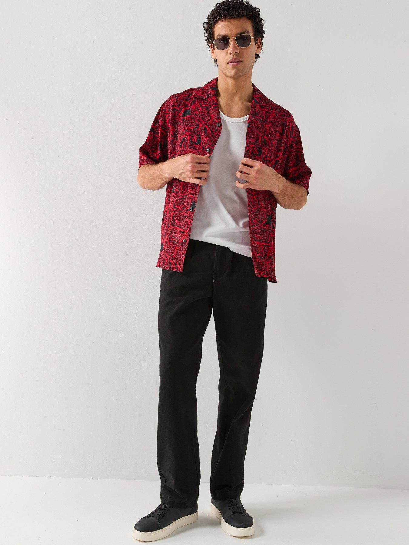 Image 3 of 4 of HUGO Espino Oversize Fit Rose Print Short Sleeve Shirt - Black/Red