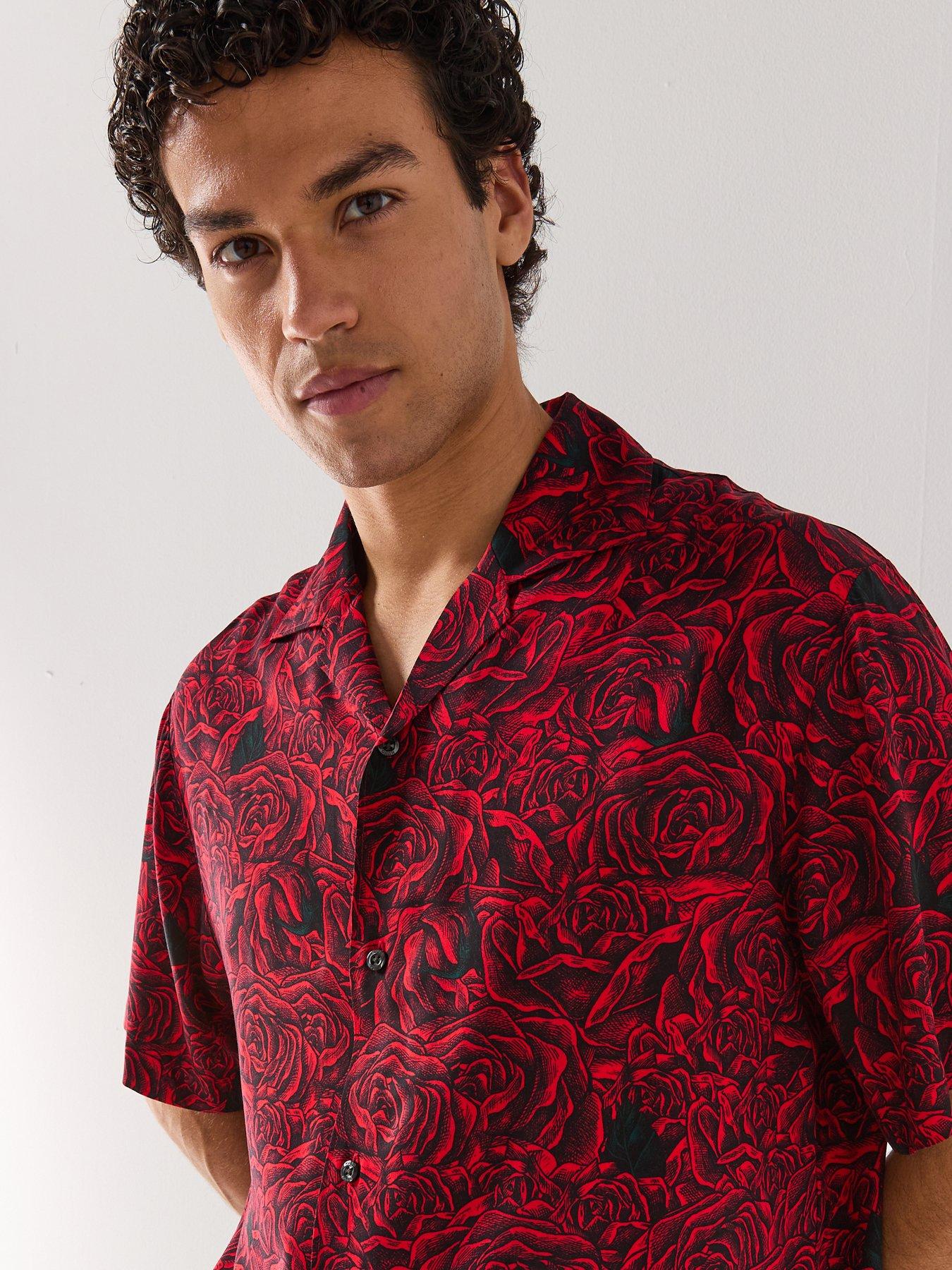 Image 4 of 4 of HUGO Espino Oversize Fit Rose Print Short Sleeve Shirt - Black/Red