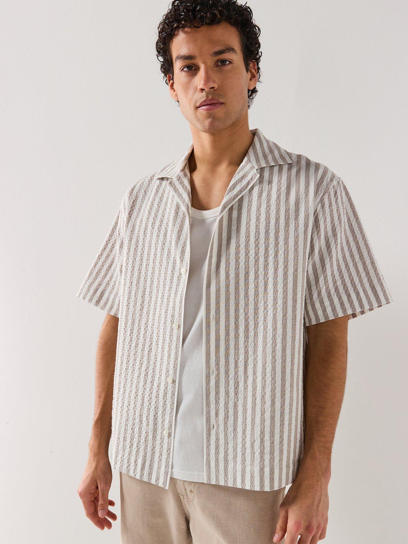 HUGO Espino Oversize Fit Seersucker Stripe Short Sleeve Shirt - Light Brown