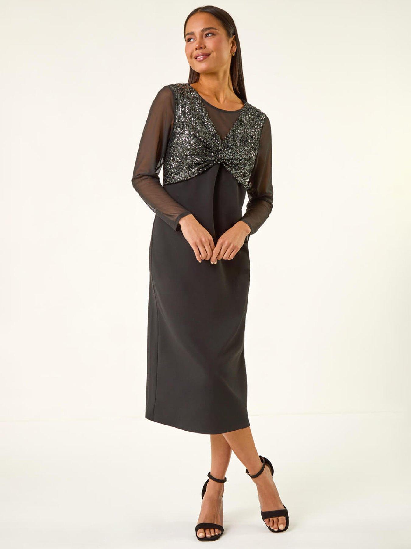 roman-petite-sequin-contrast-knot-midi-dress-blackfront