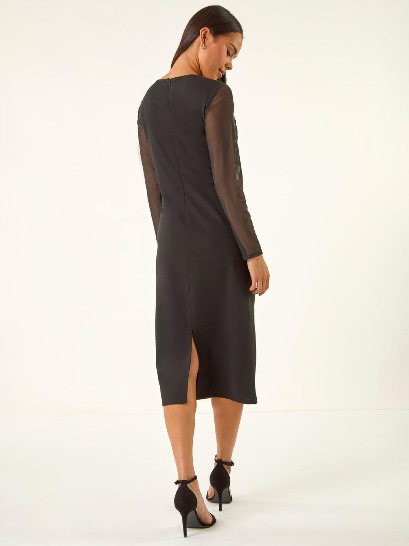 roman-petite-sequin-contrast-knot-midi-dress-blackstillFront