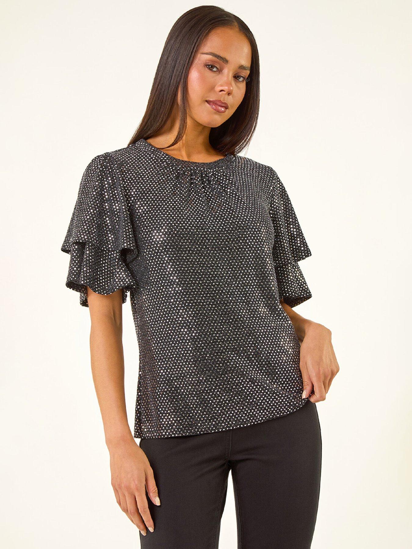 roman-petite-sequin-flute-sleeve-top-grey