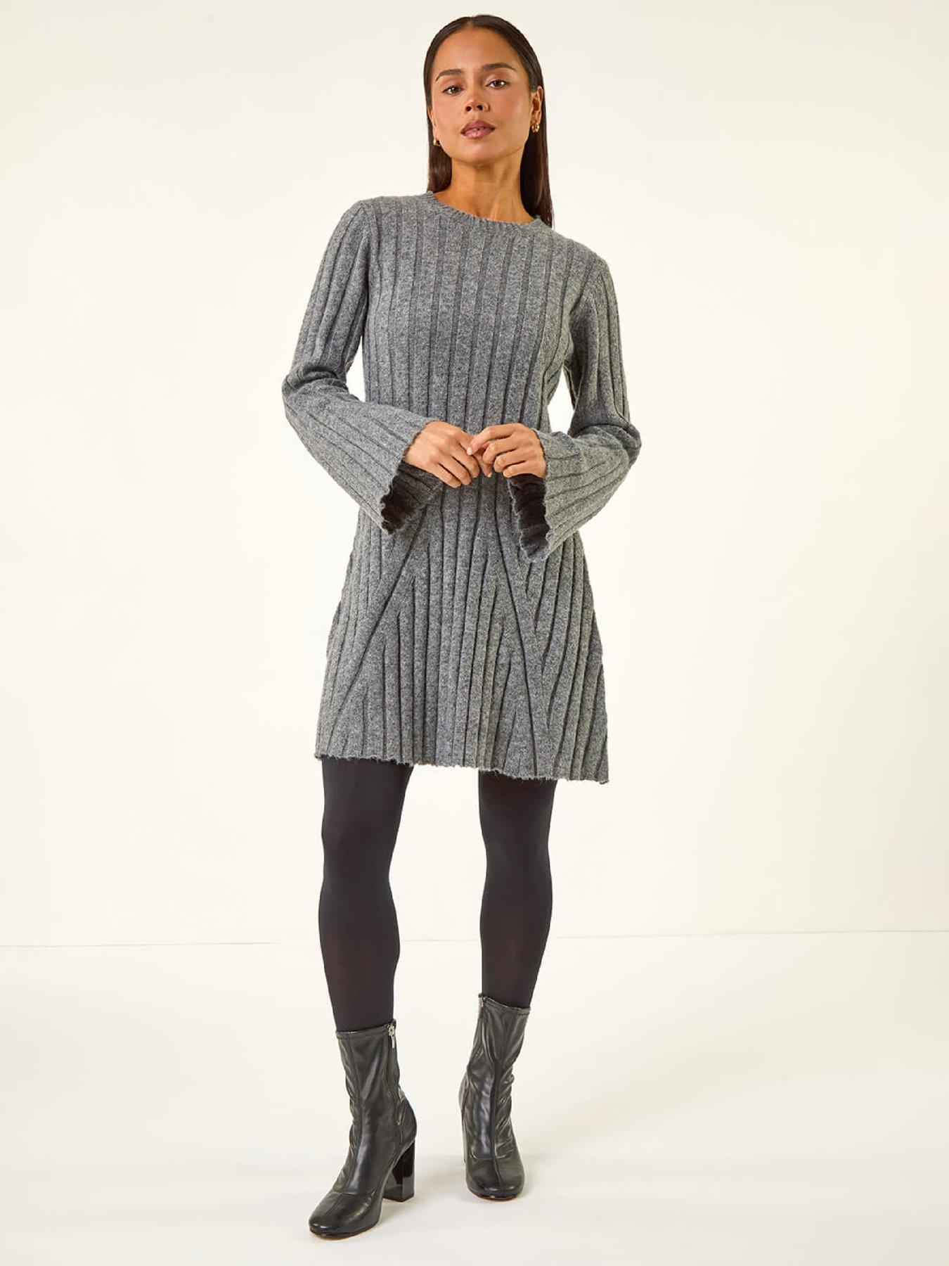 Roman Petite High Neck Knitted Dress - Grey