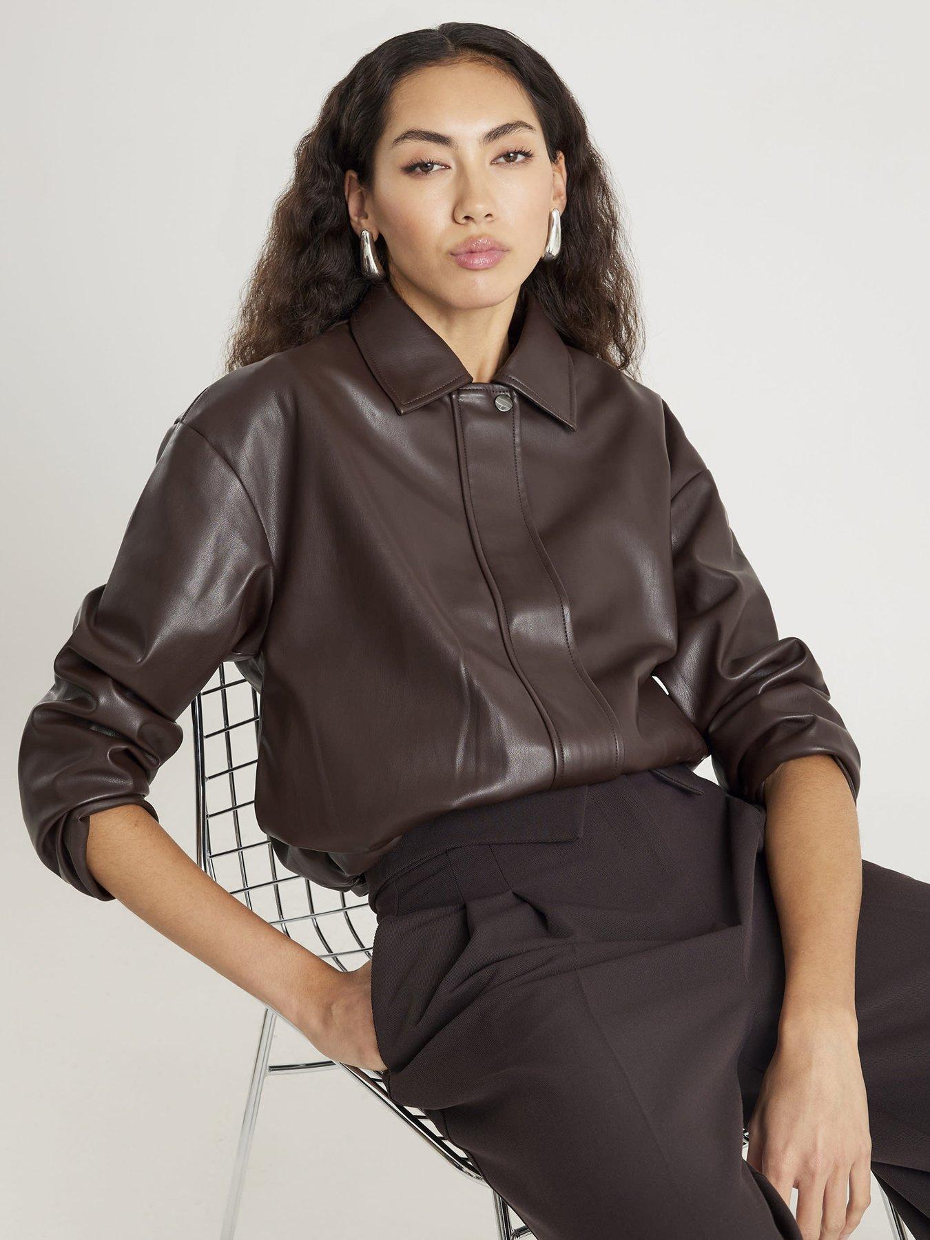 river-island-pu-placket-bomber-jacket-brownfront