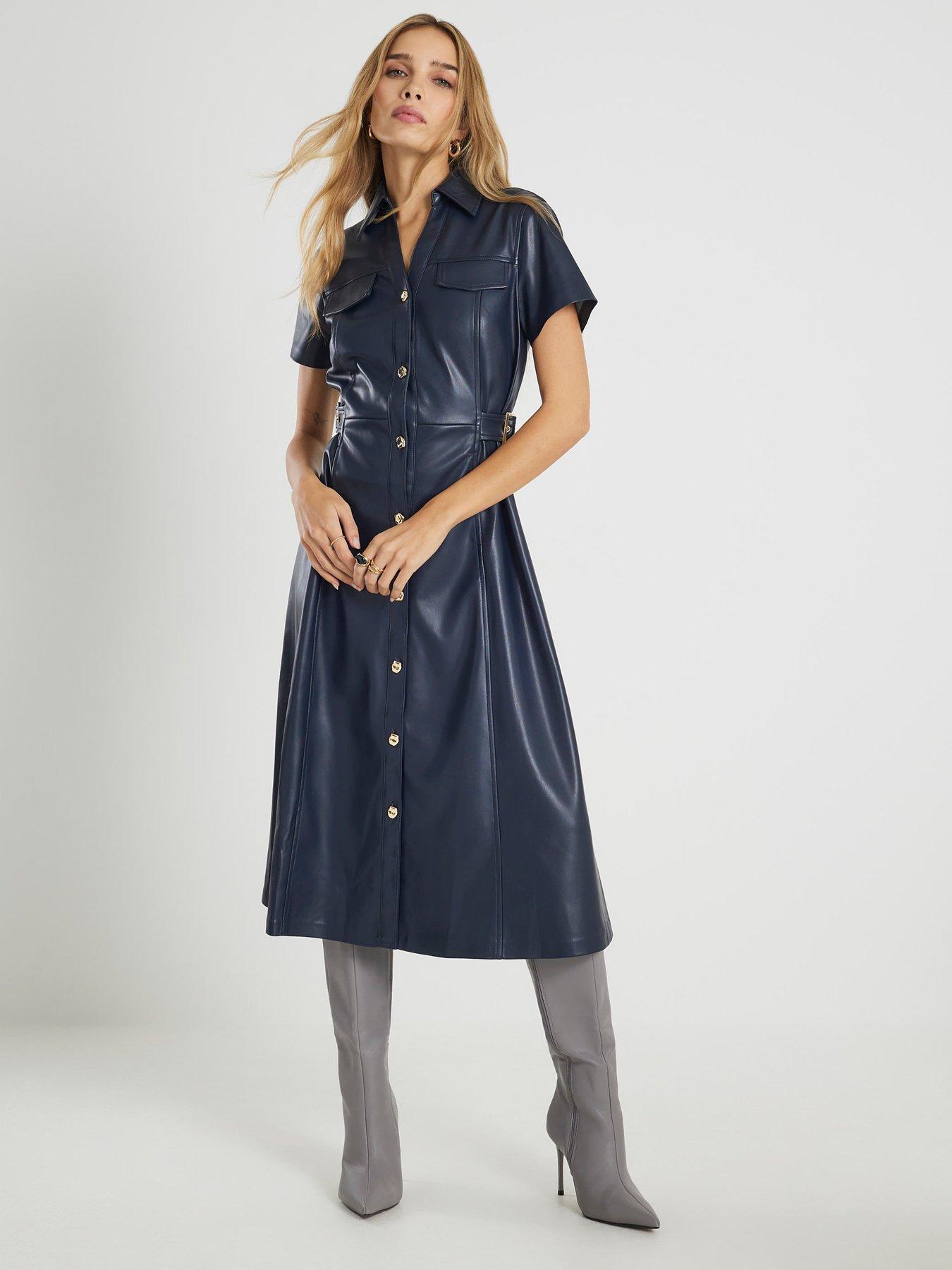 blue leather shirt dress Blue Faux Leather Short Butterfly Sleeves Button Up Jacket Dress Small