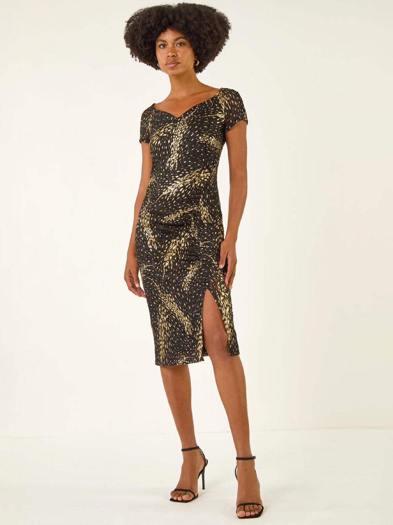 Roman Foil Print Lace Ruched Dress