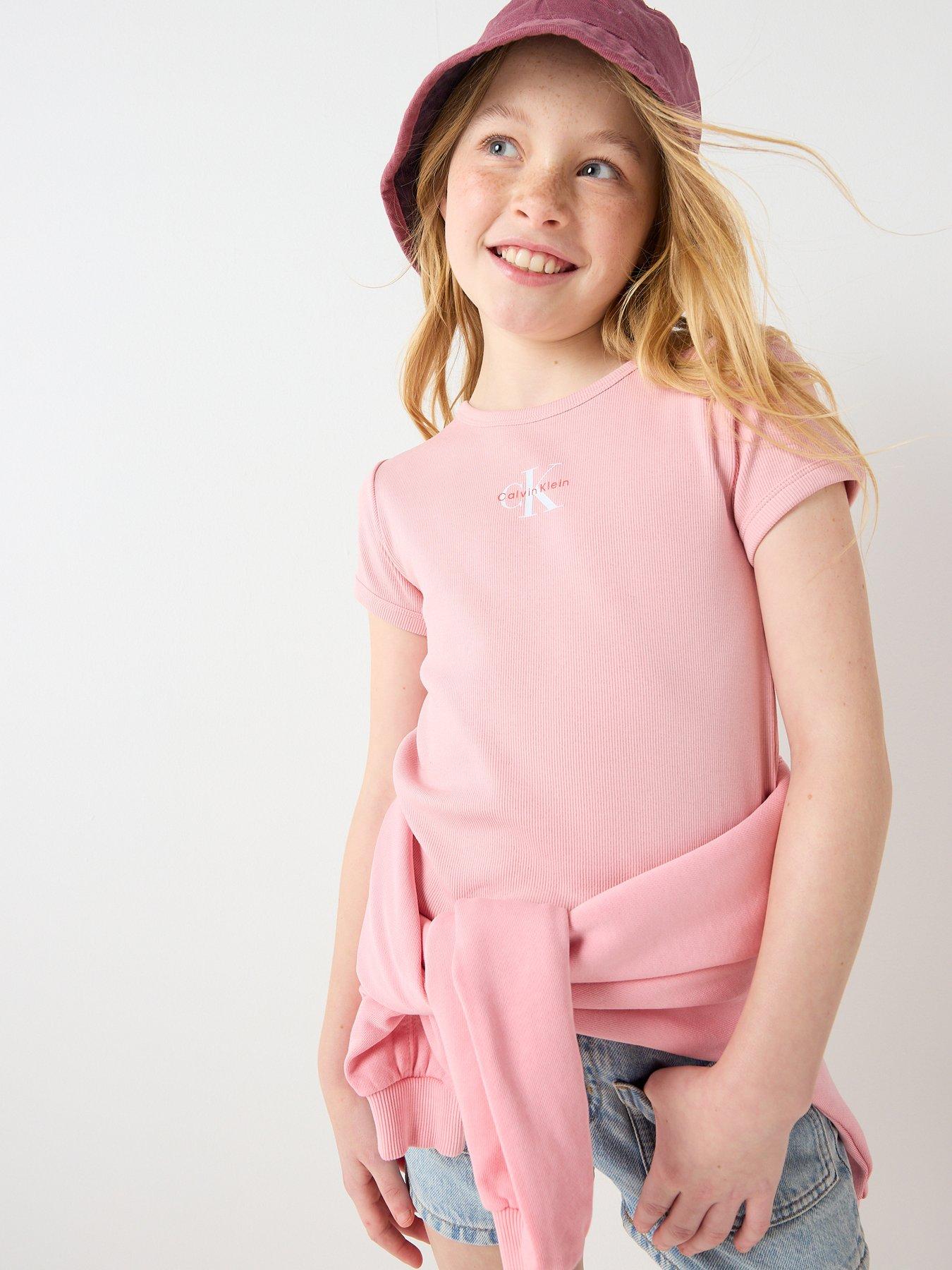 Calvin Klein Jeans Girls Monologo Short Sleeve Rib T-Shirt - Pink