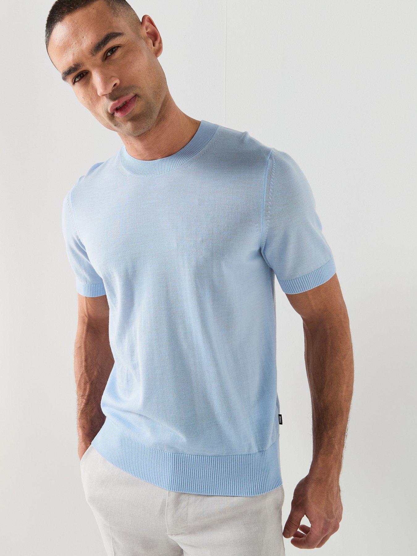 BOSS H-Umauro Merino Short Sleeve Knitted Jumper - Light Blue