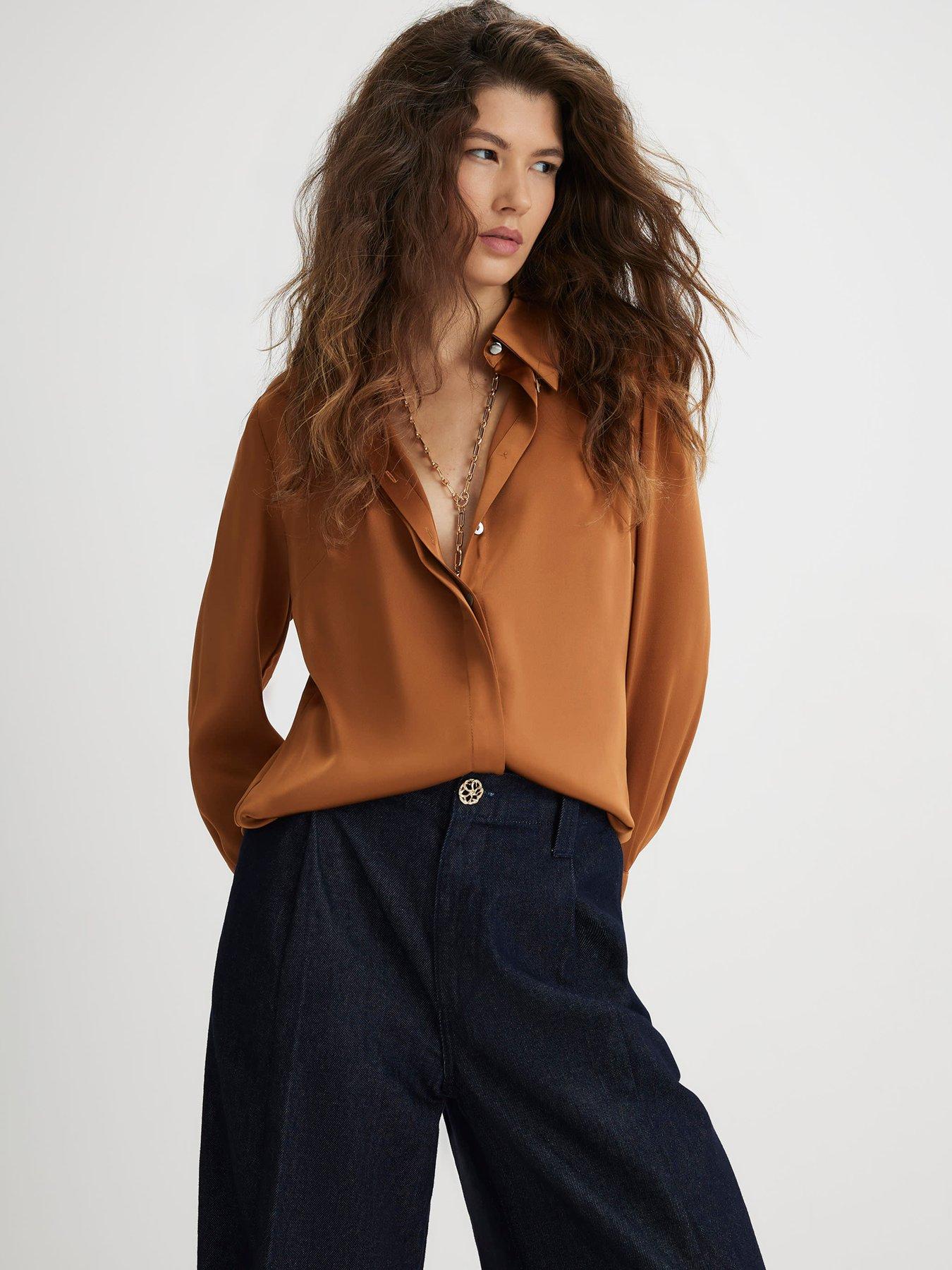 River Island Long Sleeve Slimline Satin Shirt - Brown