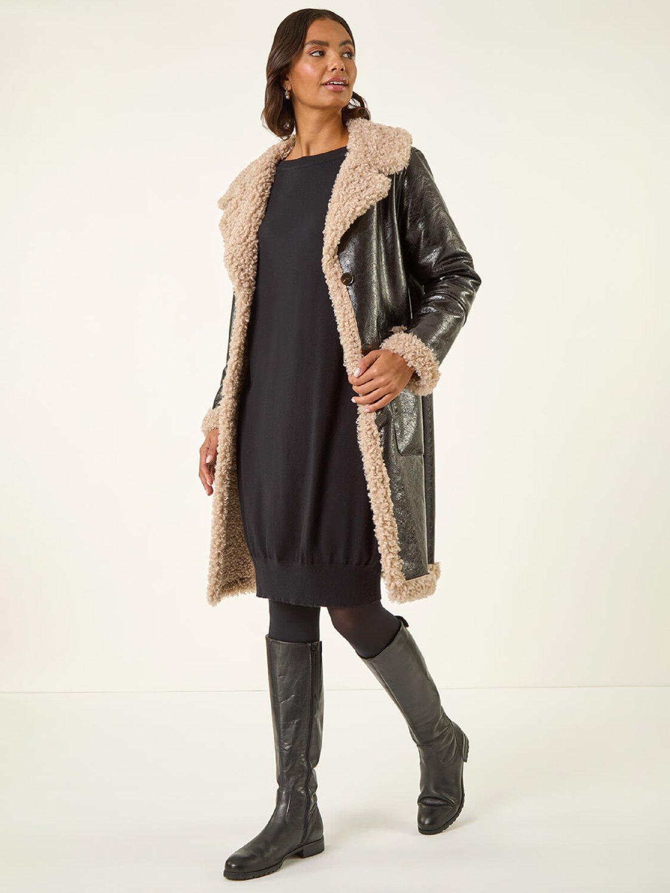 Roman Faux Fur Textured Coat - Black
