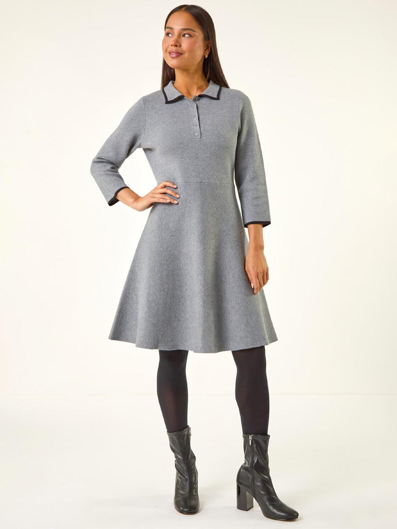 Roman Petite Collared Knit Dress - Grey