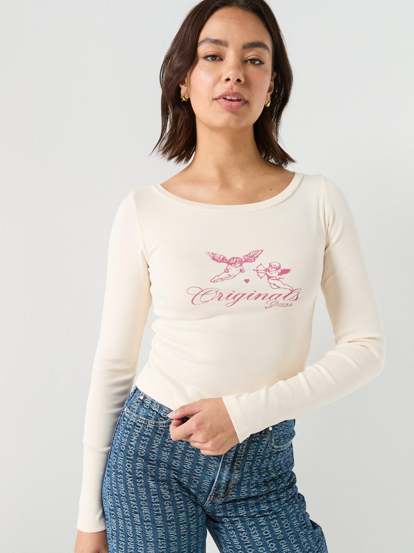 Guess Jeans Boat Neck Long Sleeve Rib Printed Top