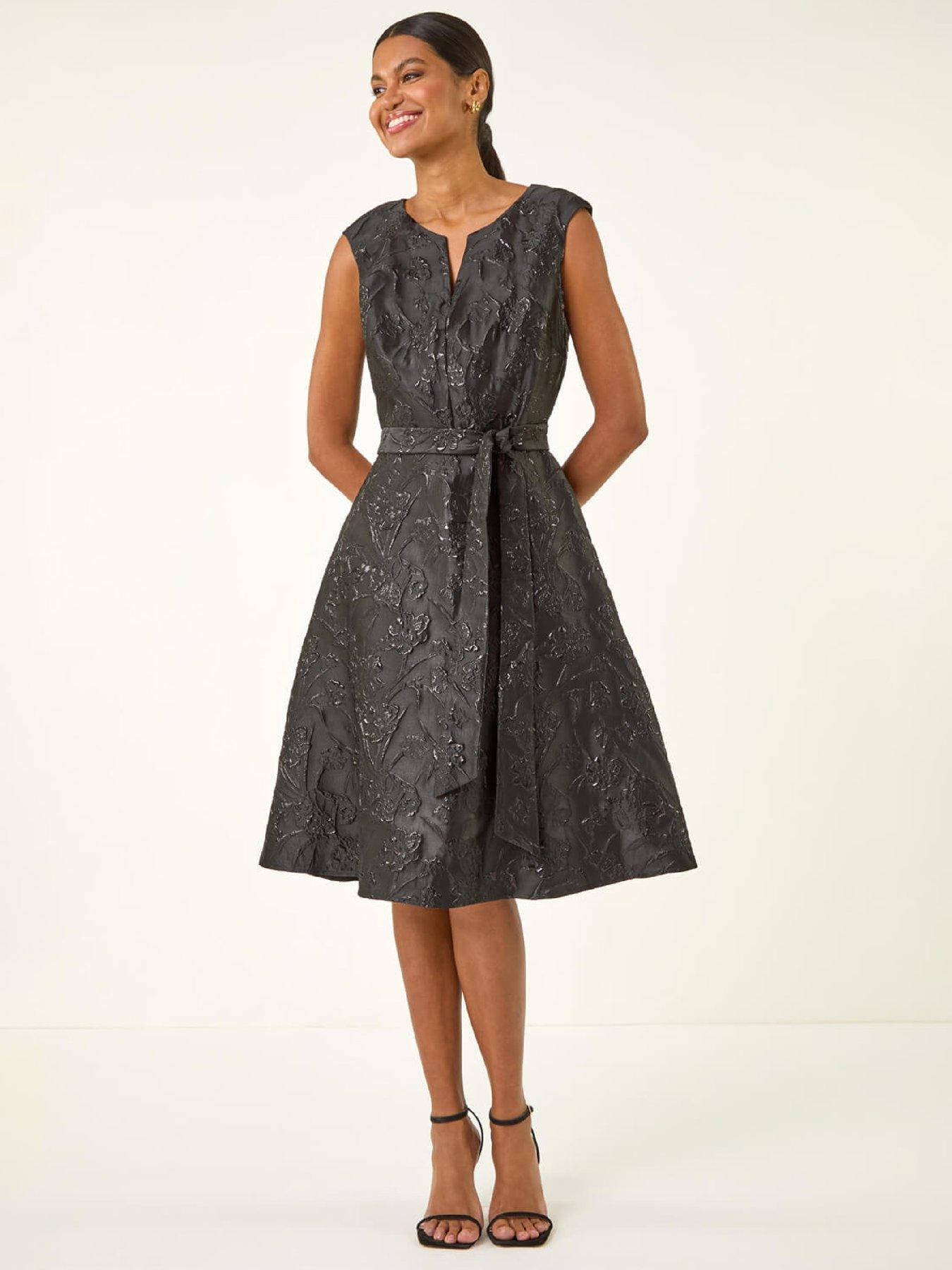 roman-metallic-brocade-belted-dress-black