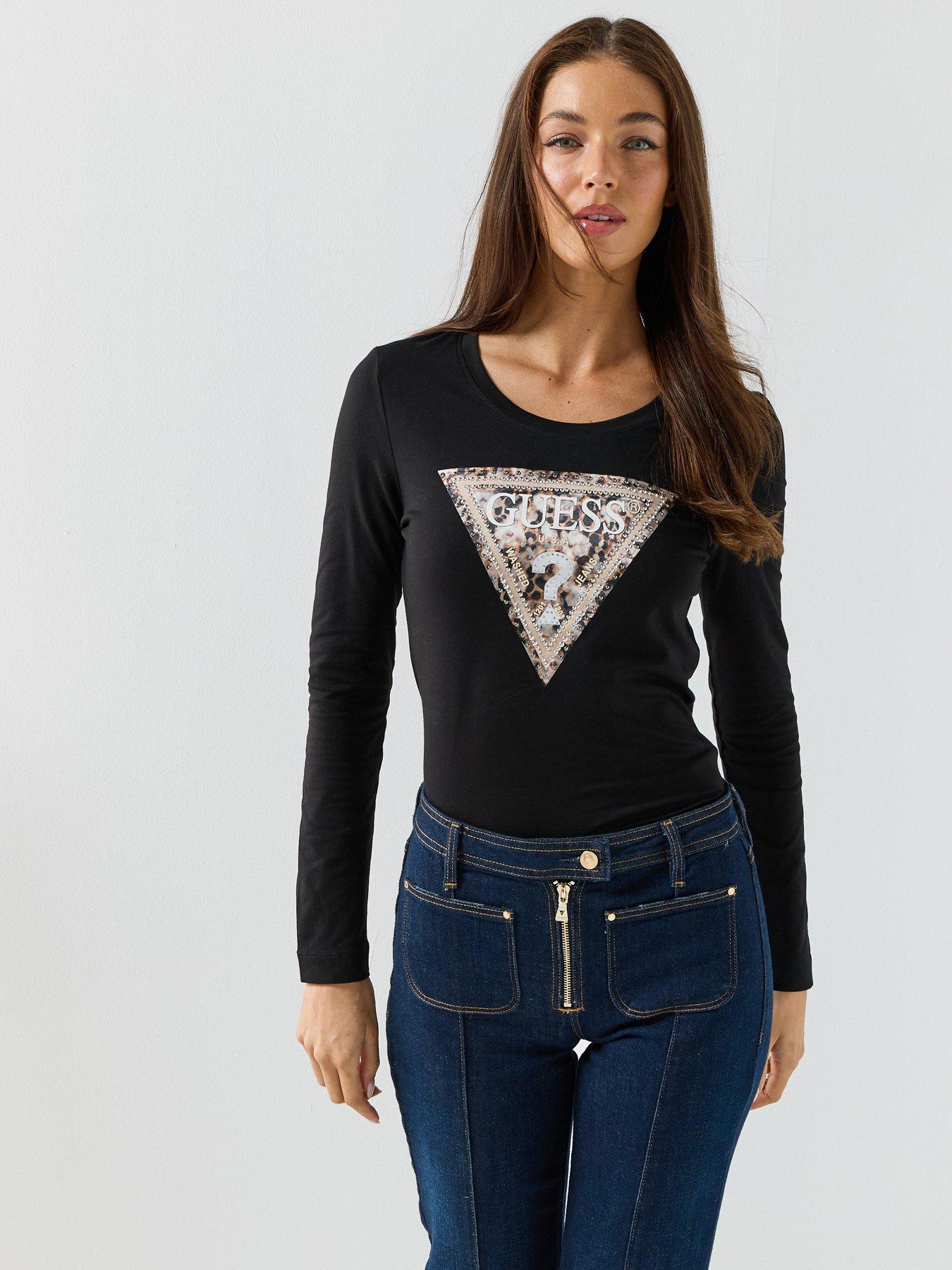 Image 1 of 5 of Guess Jeans Long Sleeve Leo Triangle T-Shirt - Black