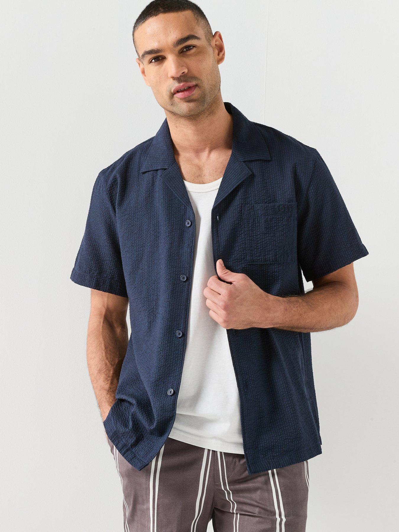 BOSS Relax Seersucker Short Sleeve Shirt - Navy