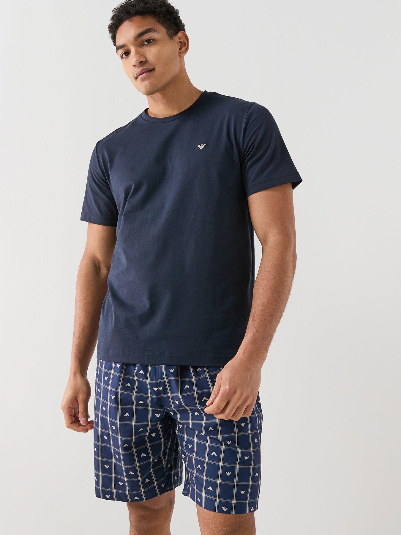 Image 1 of 5 of Emporio Armani Bodywear Yarn Dyed Woven Shortie Pyjama Set - Dark Blue