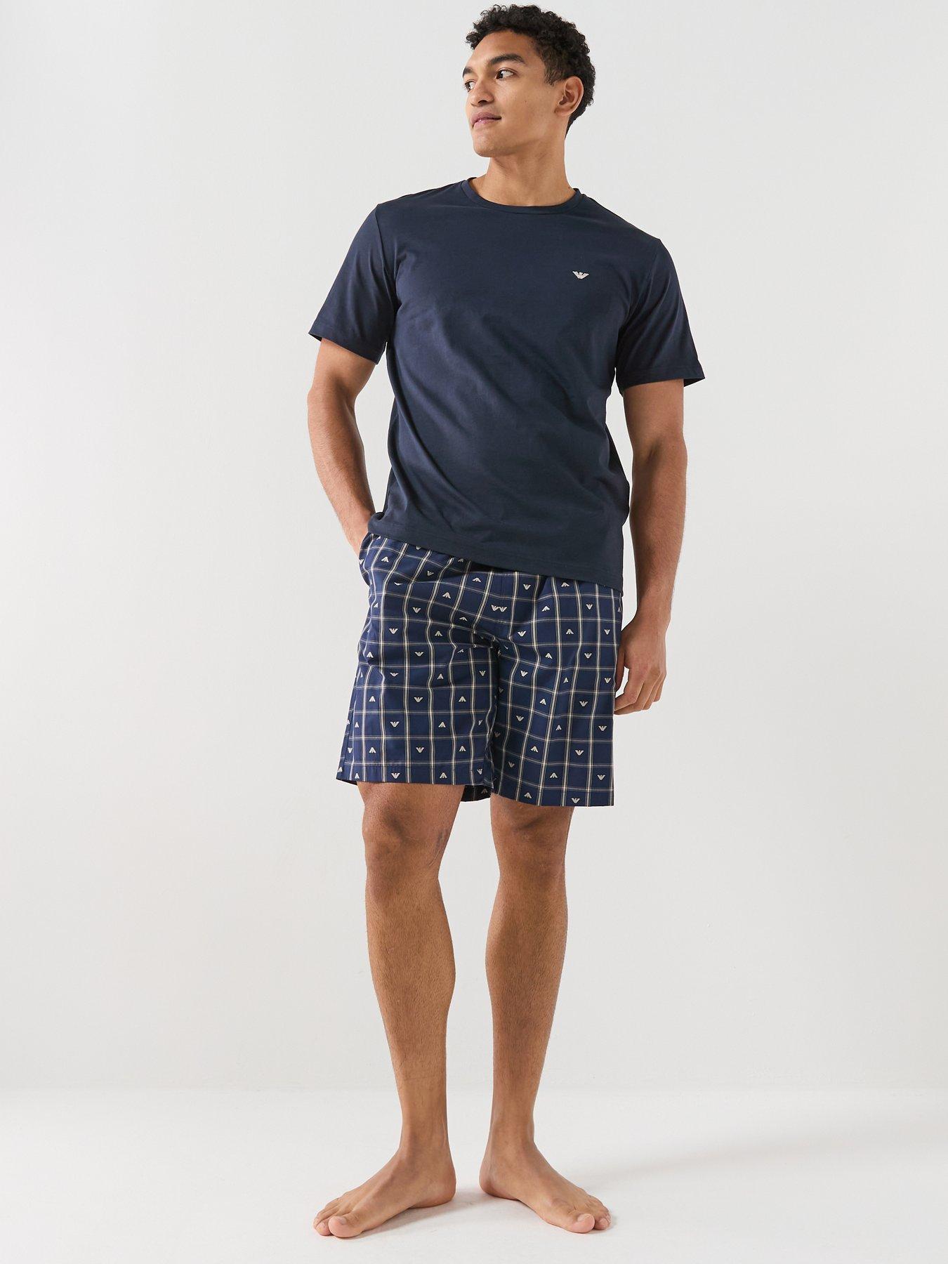 Image 3 of 5 of Emporio Armani Bodywear Yarn Dyed Woven Shortie Pyjama Set - Dark Blue