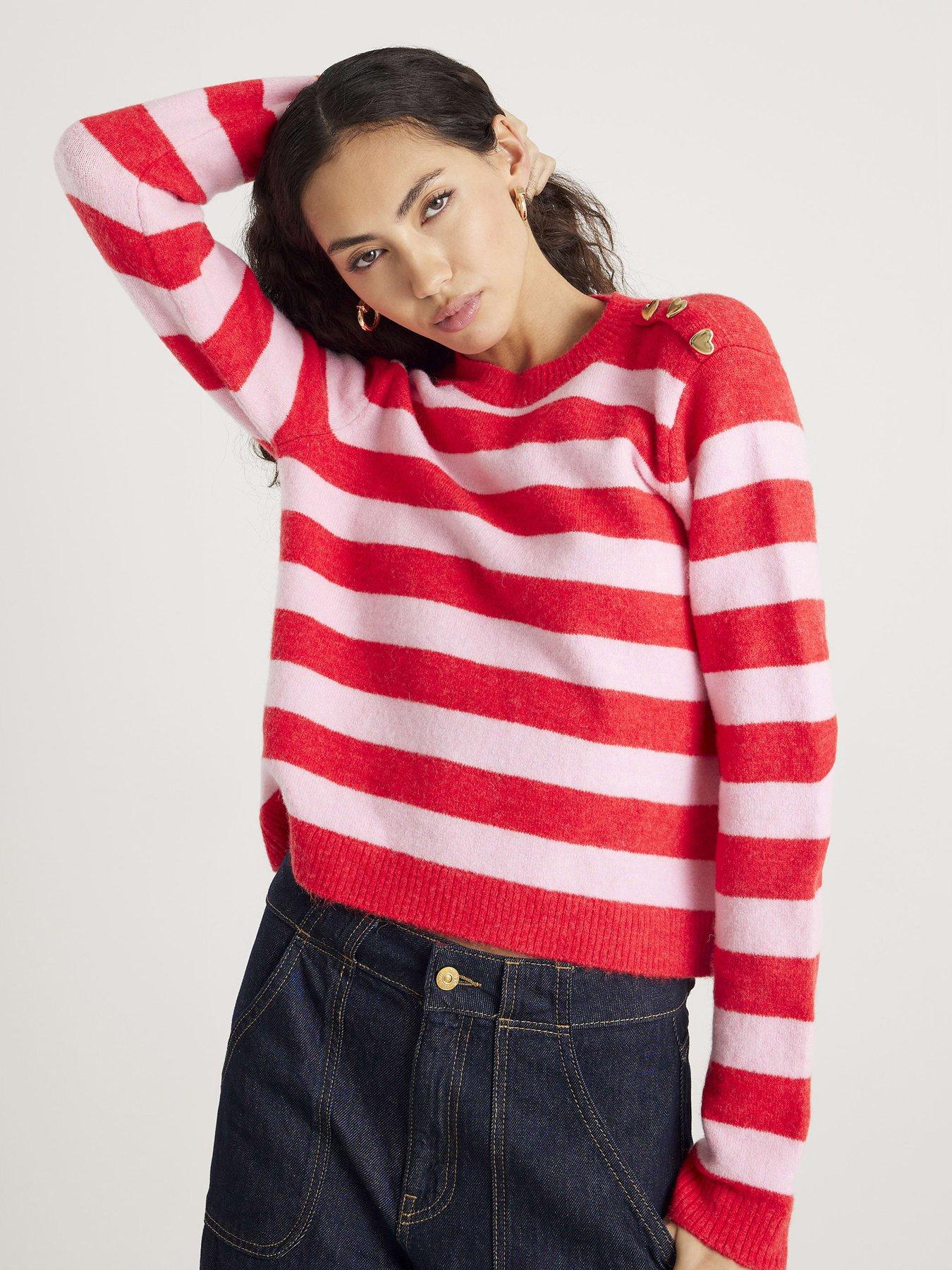 River Island Stripe Heart Button Jumper - Red