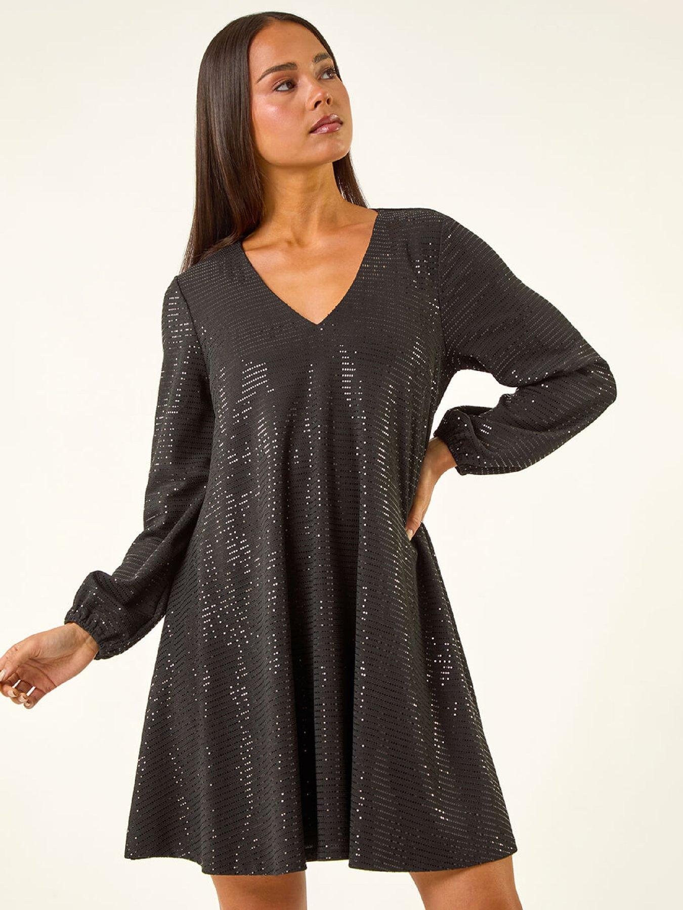 Roman Petite Sparkle Swing Stretch Dress - Black
