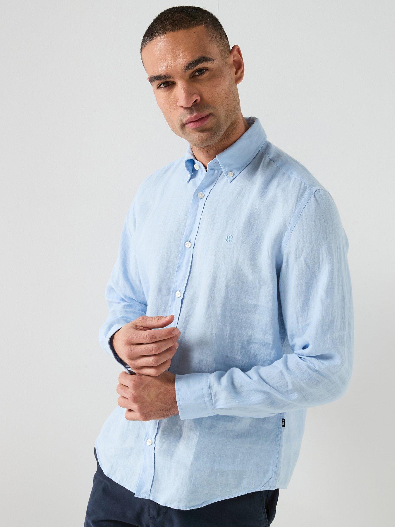 Image 1 of 5 of BOSS H-Roan Button Down BB Relaxed Fit Linen Shirt - Light Blue