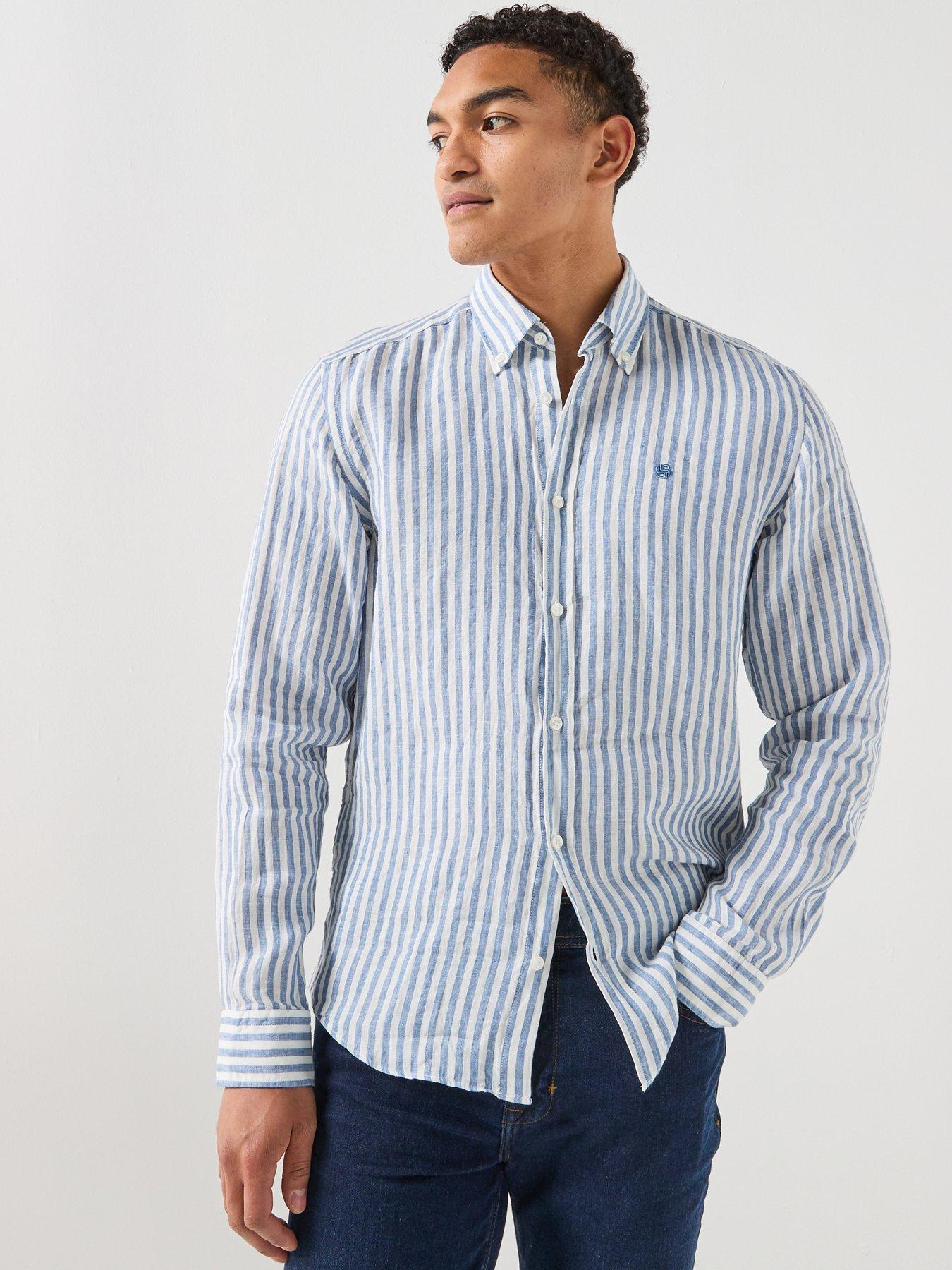boss-button-down-relaxed-fit-stripe-linen-shirt-bluefront