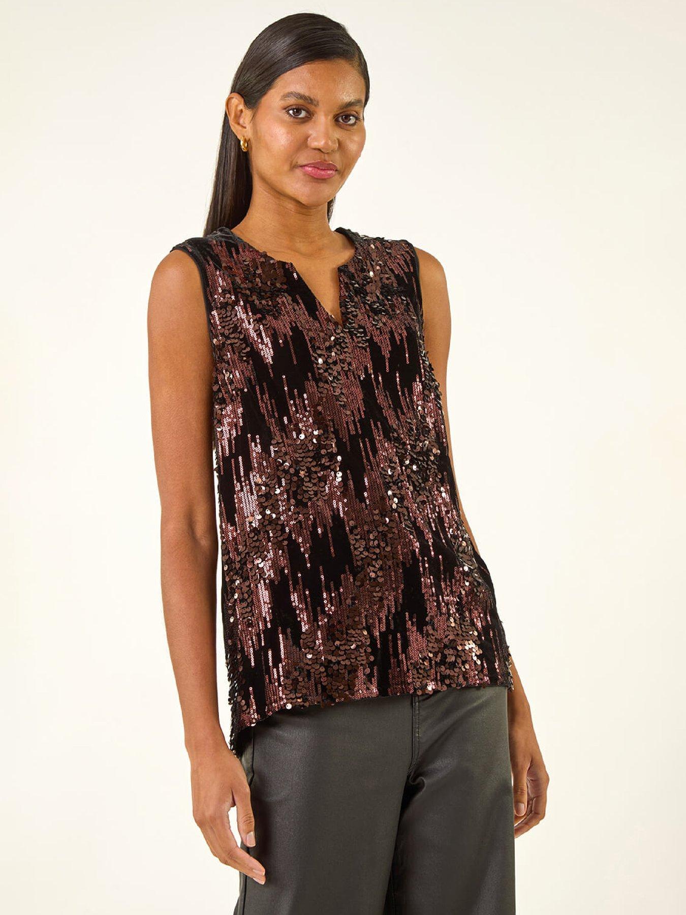 Roman Sequin Velvet Notch Neck Top - Brown