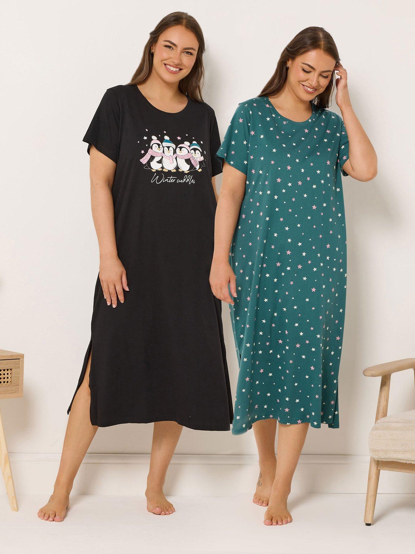 Image 1 of 7 of Yours Curve 2 Pack Winter Cuddles Nightdress - Black
