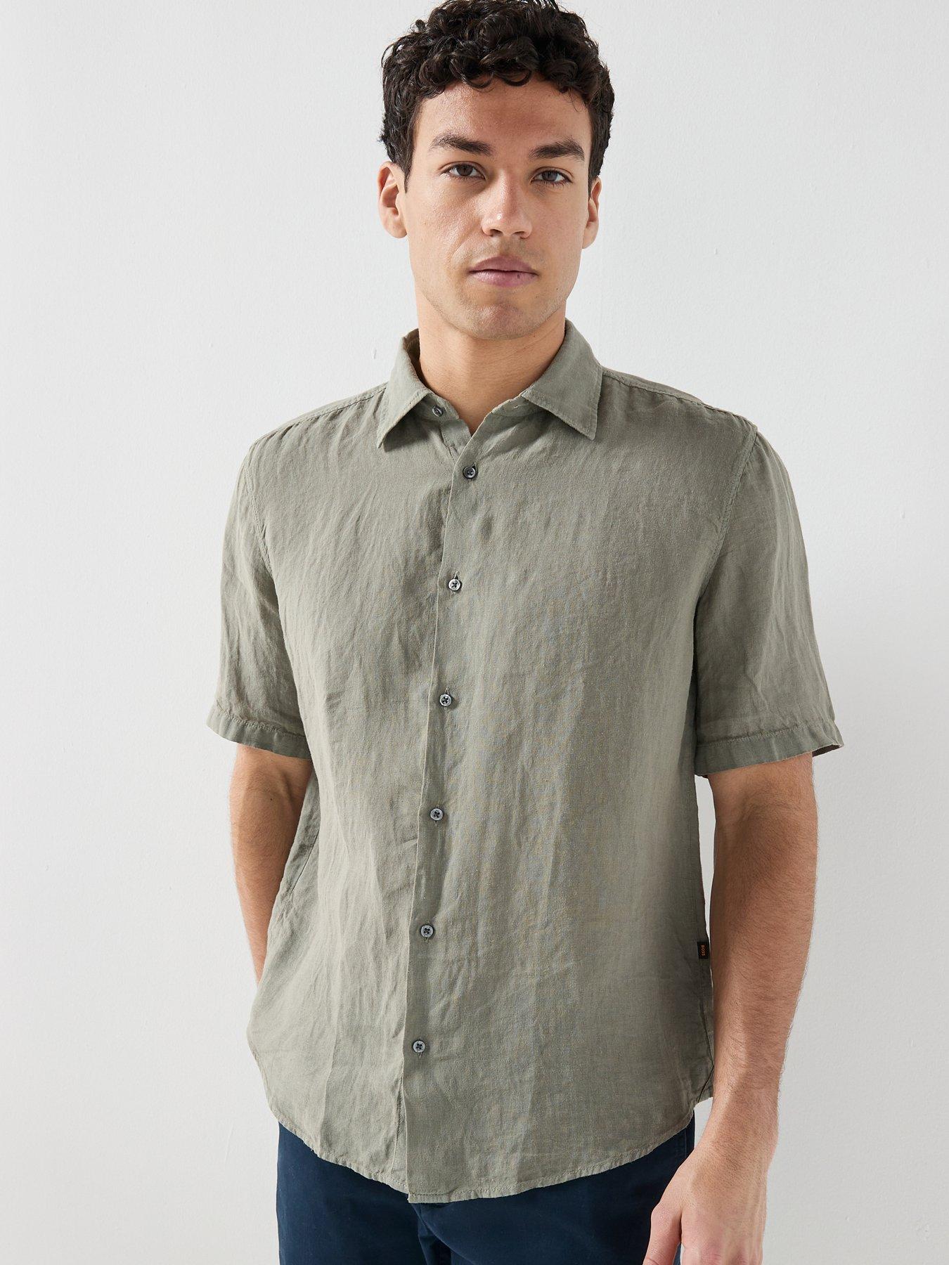 BOSS Short Sleeve Linen Shirt - Dark Khaki