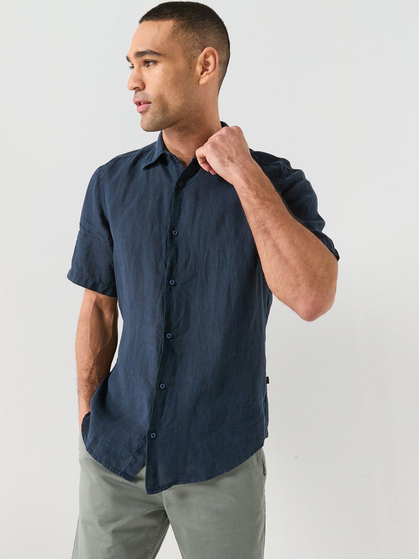 boss-short-sleeve-linen-shirt-dark-blue