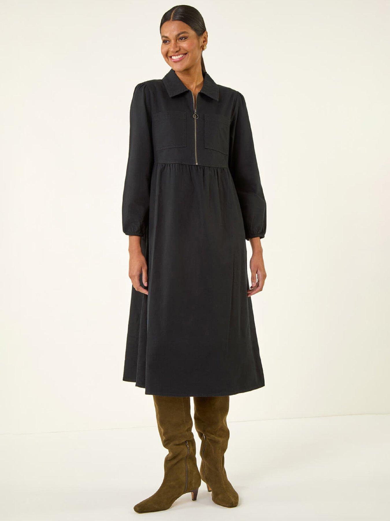 Roman Corduroy Zip Detail Midi Dress - Black