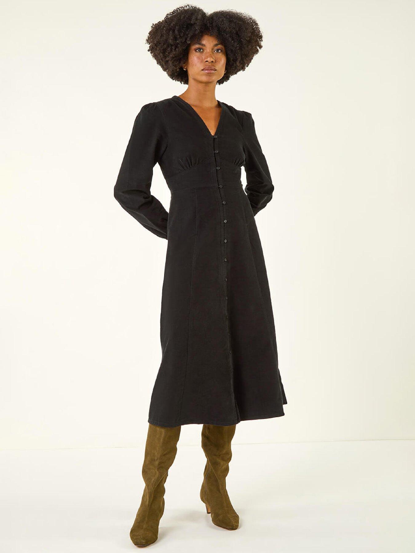 roman-corduroy-button-through-midi-dress-black