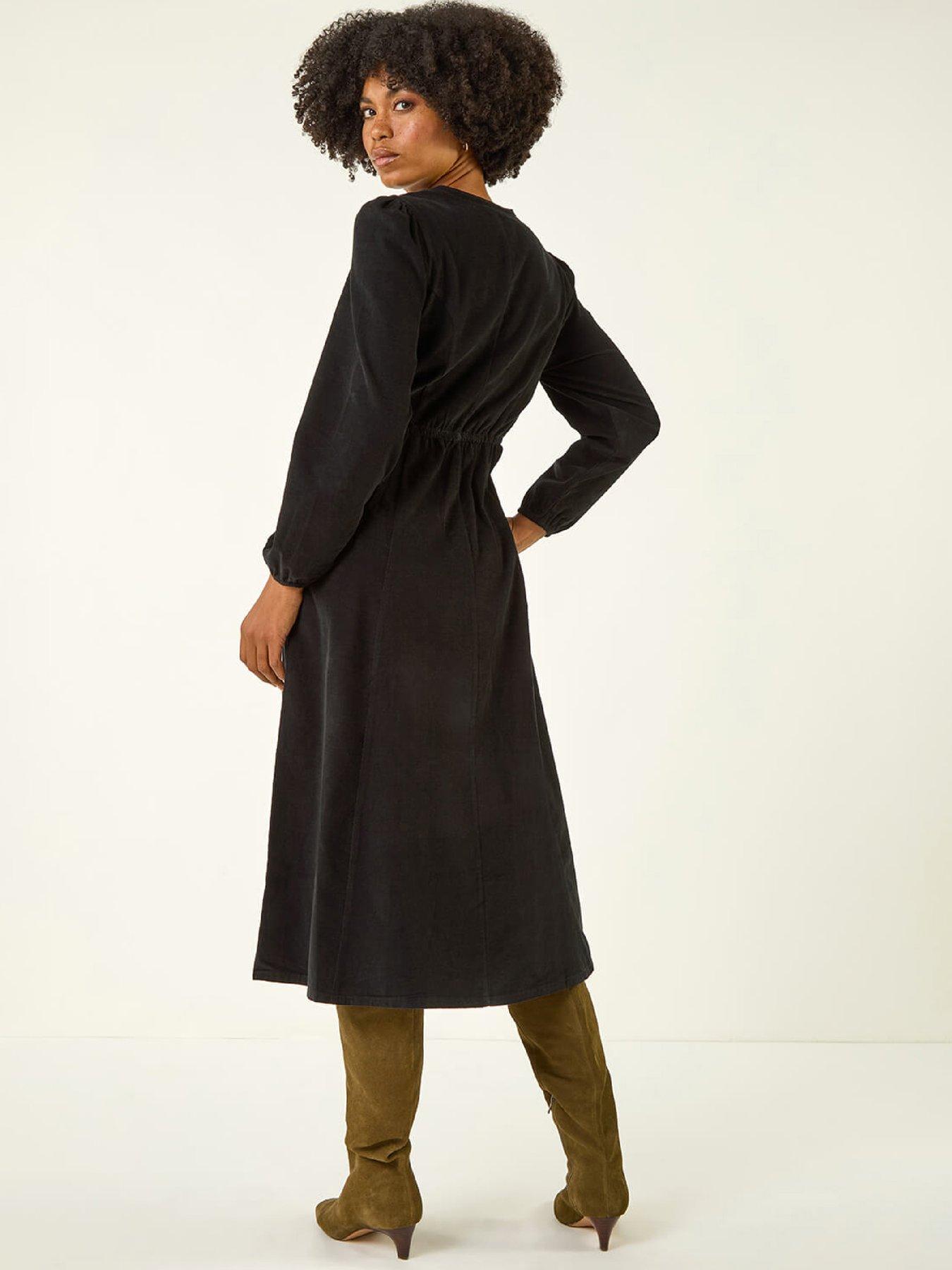 roman-corduroy-button-through-midi-dress-blackstillFront