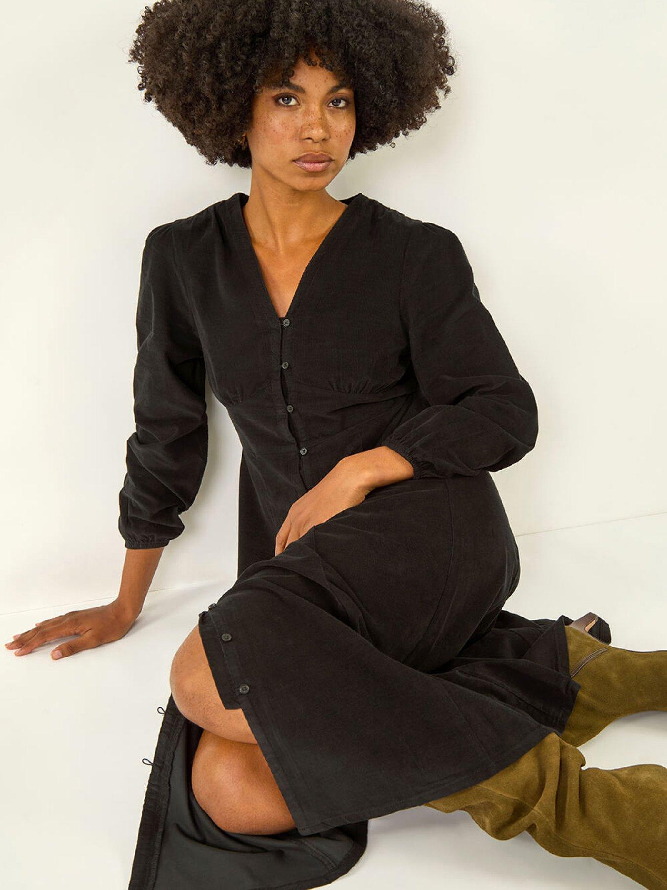 roman-corduroy-button-through-midi-dress-blackoutfit