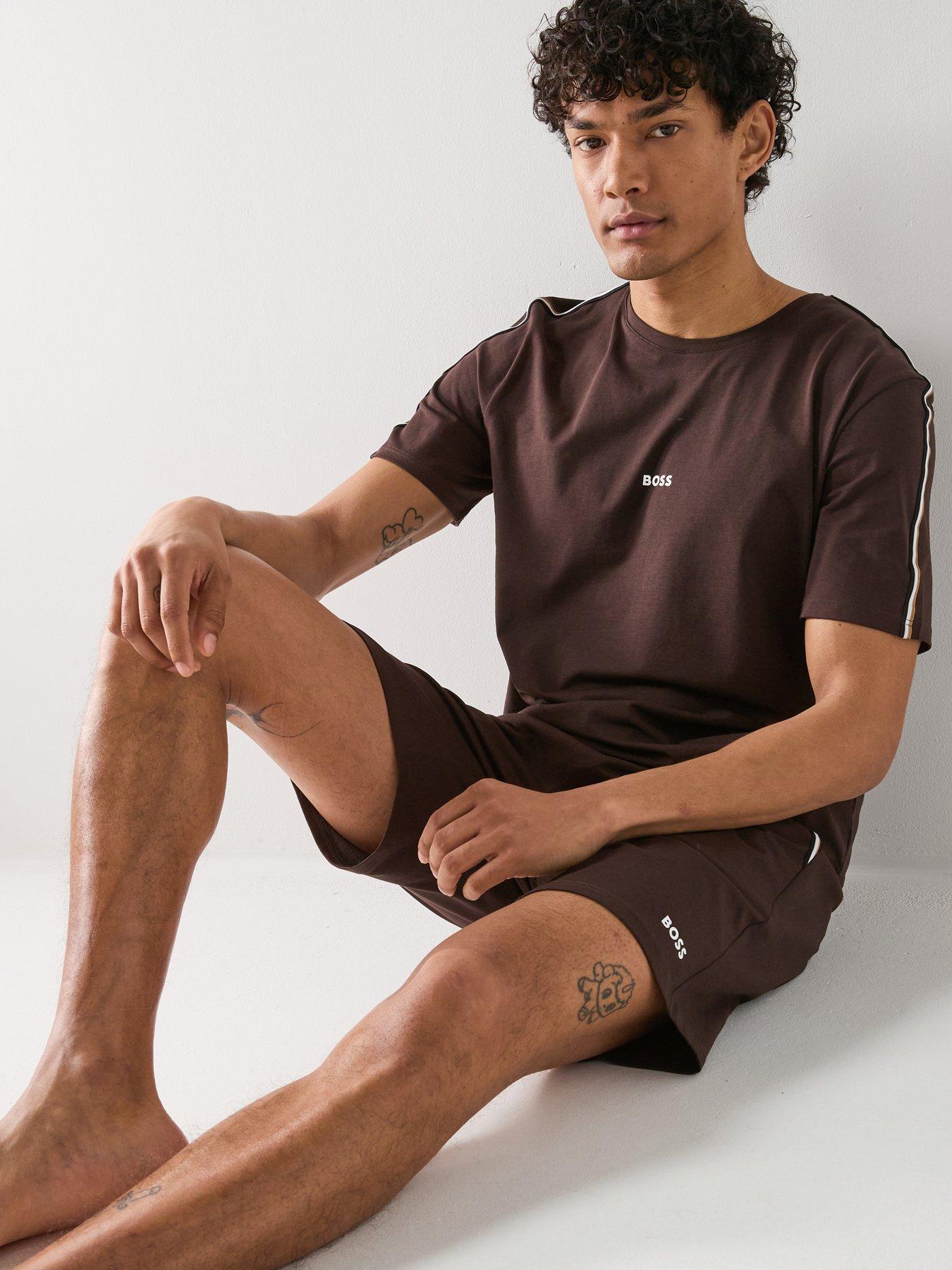 Image 5 of 5 of BOSS Unique Global Stripe Taped Loungewear Shorts - Brown