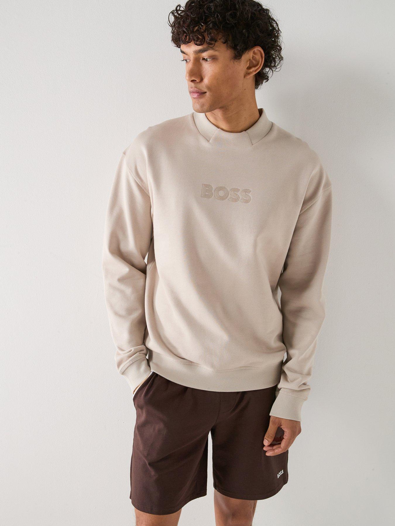 BOSS Fashion Embroidered Tonal Logo Crew Loungewear Sweatshirt - Light Beige