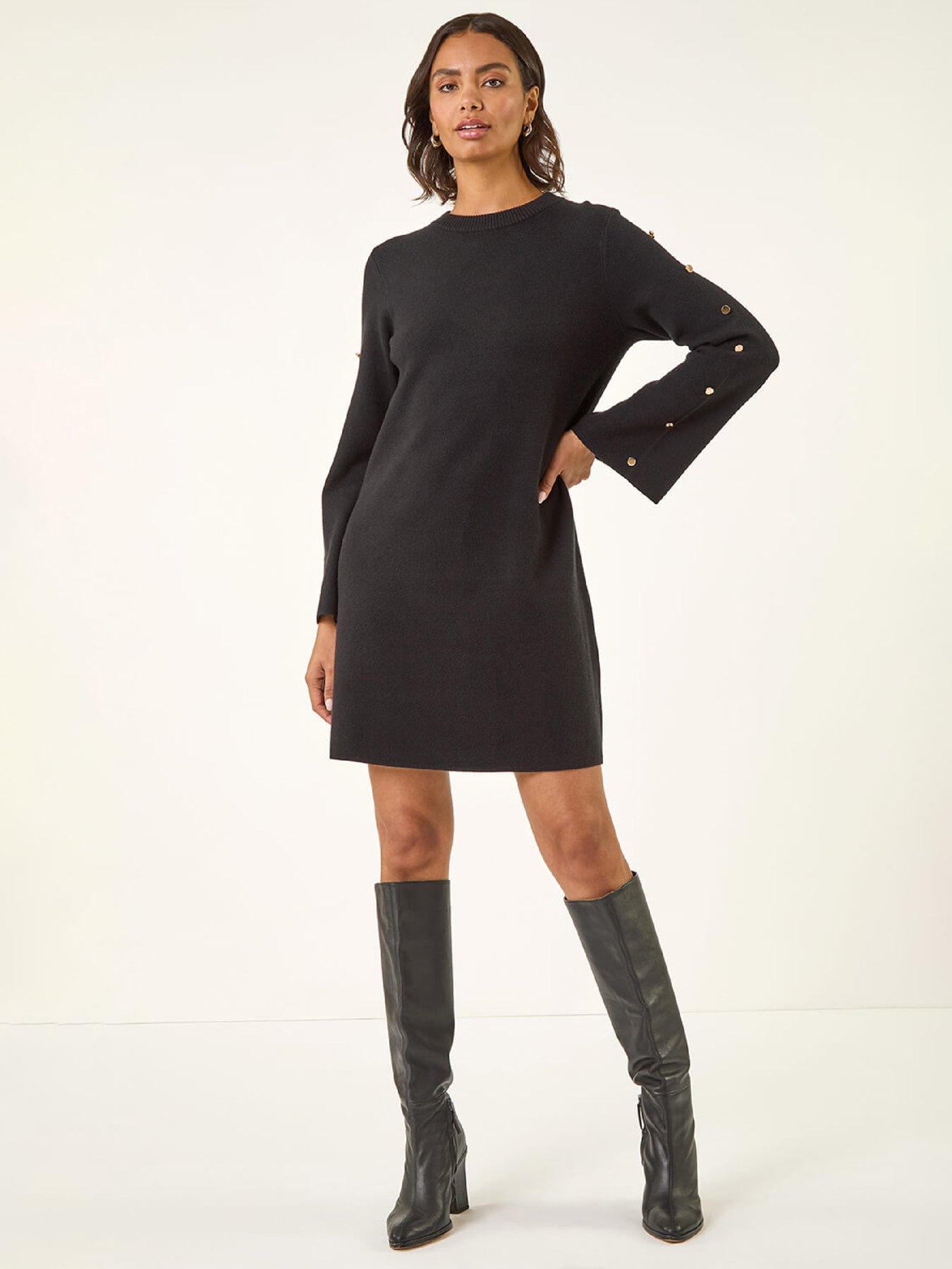 Roman Buttoned Knit Dress - Black