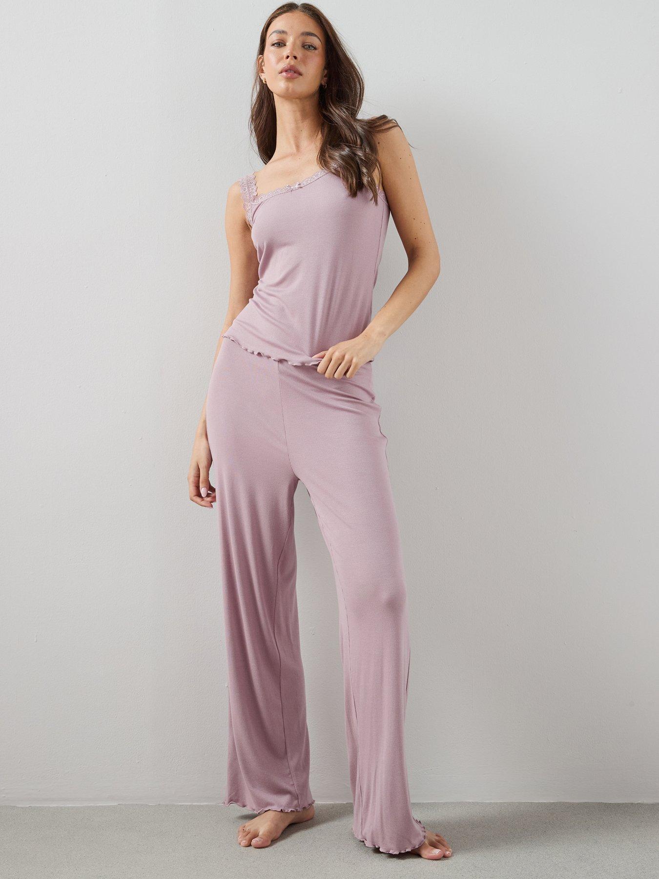 Image 1 of 6 of The Very Collection Ribbed Lace Cami And Straight Leg Bottom PJ Set - Pink