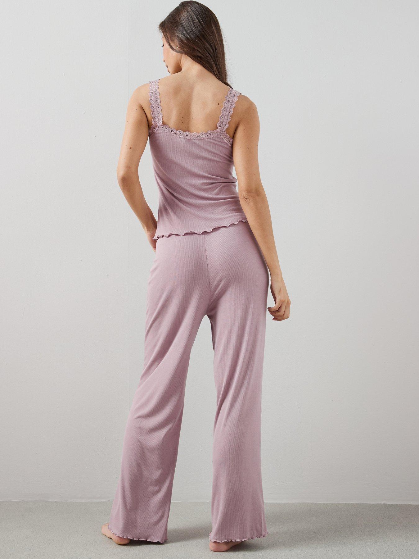 Image 2 of 6 of The Very Collection Ribbed Lace Cami And Straight Leg Bottom PJ Set - Pink
