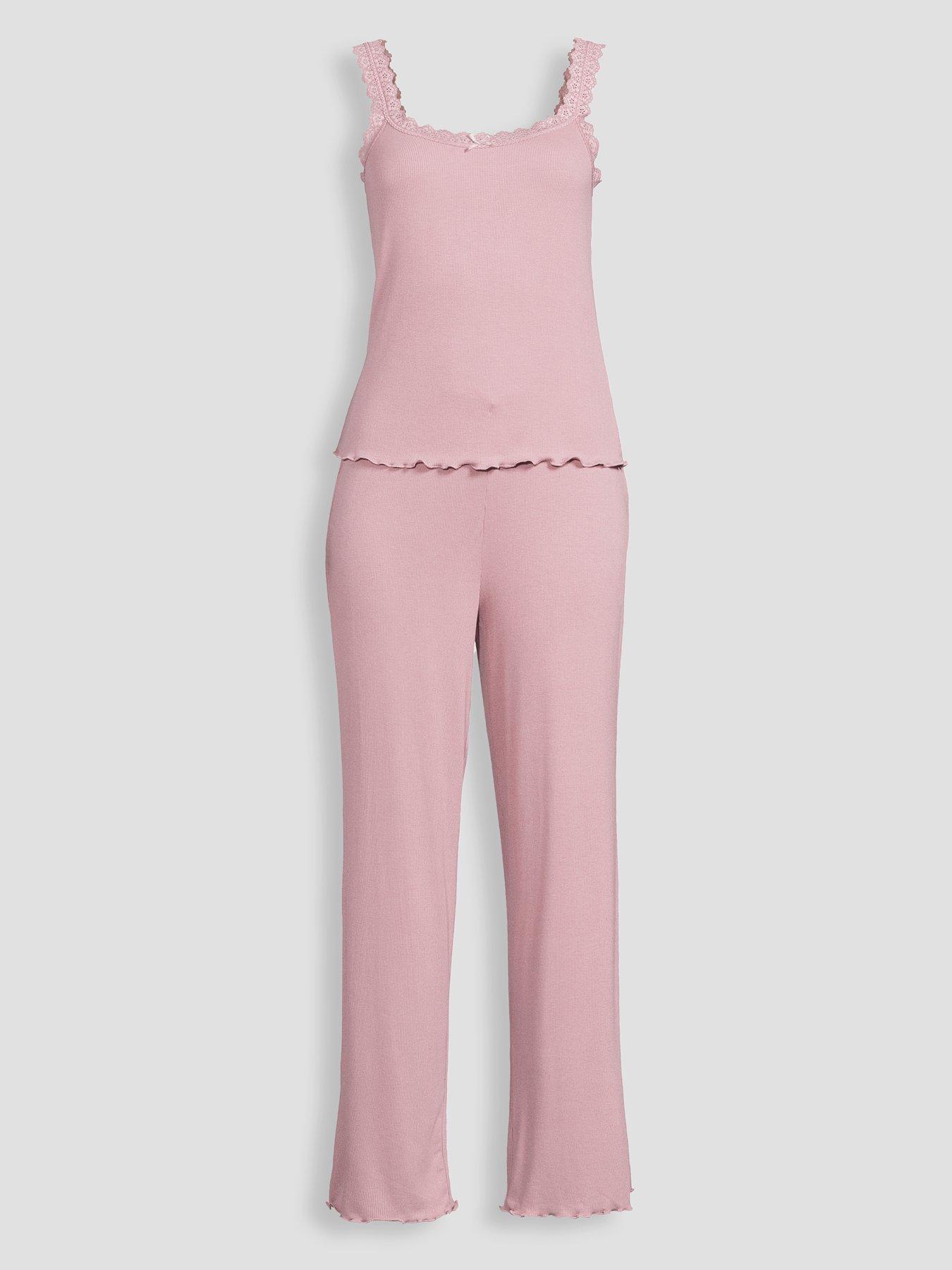 Image 6 of 6 of The Very Collection Ribbed Lace Cami And Straight Leg Bottom PJ Set - Pink