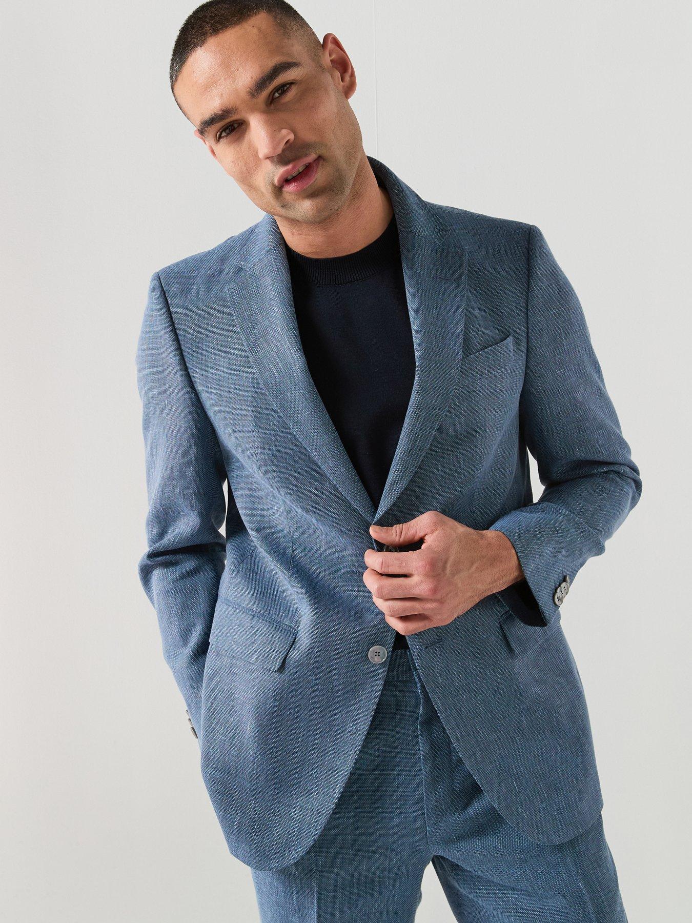 BOSS H-Jasper Regular Fit Wool/Linen Mix Suit Jacket - Blue