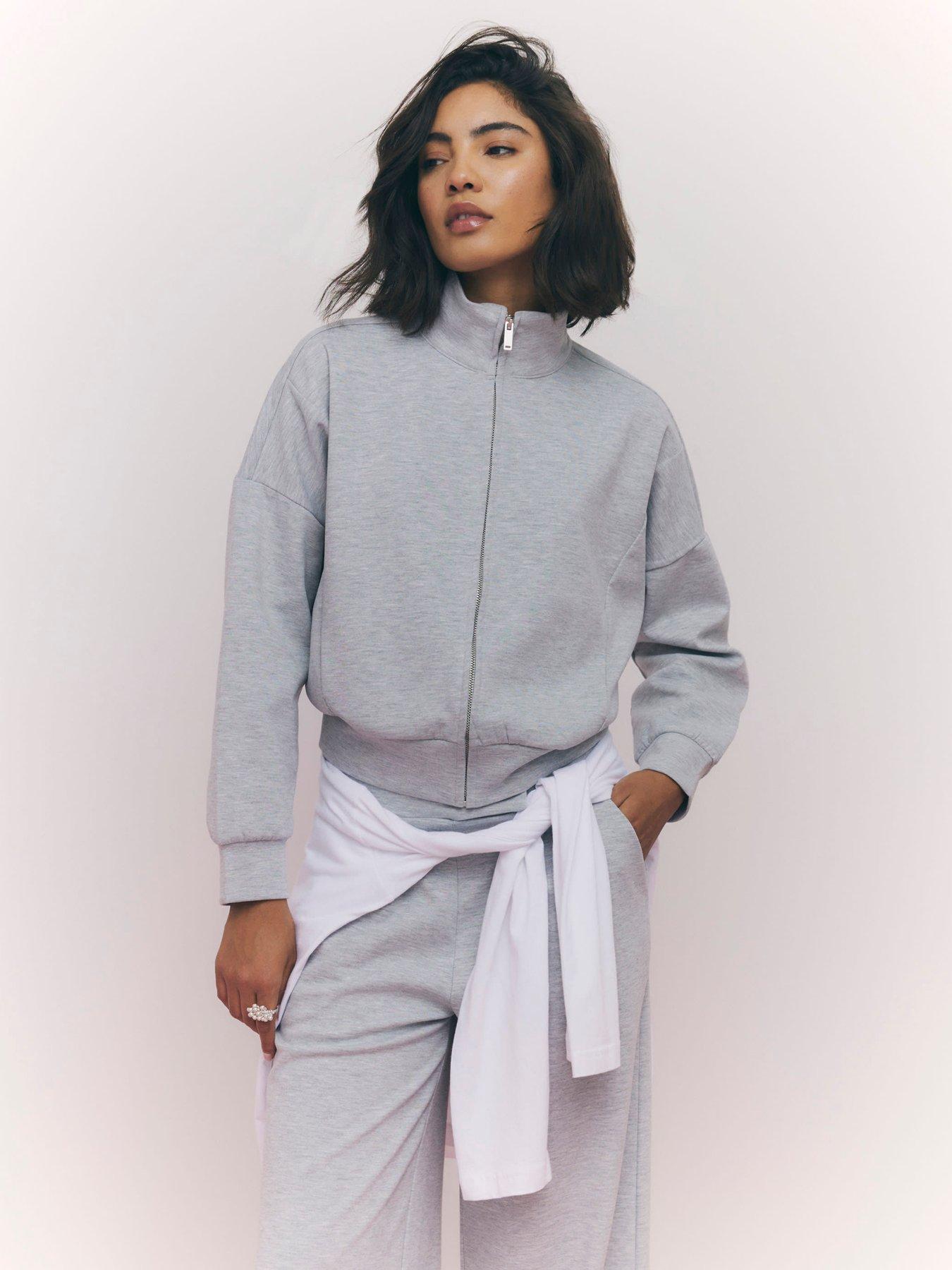 River Island Long Sleeve Zip Up Interlock Bomber Sweatshirt - Grey